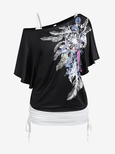 Plus Size Feather Skew Neck Tee and Ruched Cinched Tank Top Set - 1x ...