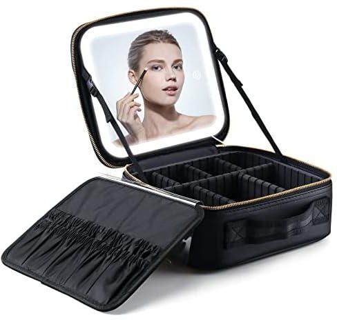 Portable Travel Cosmetic Case, with Mirror LED Light 3 Adjustable Brightness Cosmetic Bag Adjustable Dividers Makeup Storage For Women, Makeup Accessories & Tools Case, Rechargeable,Waterproof