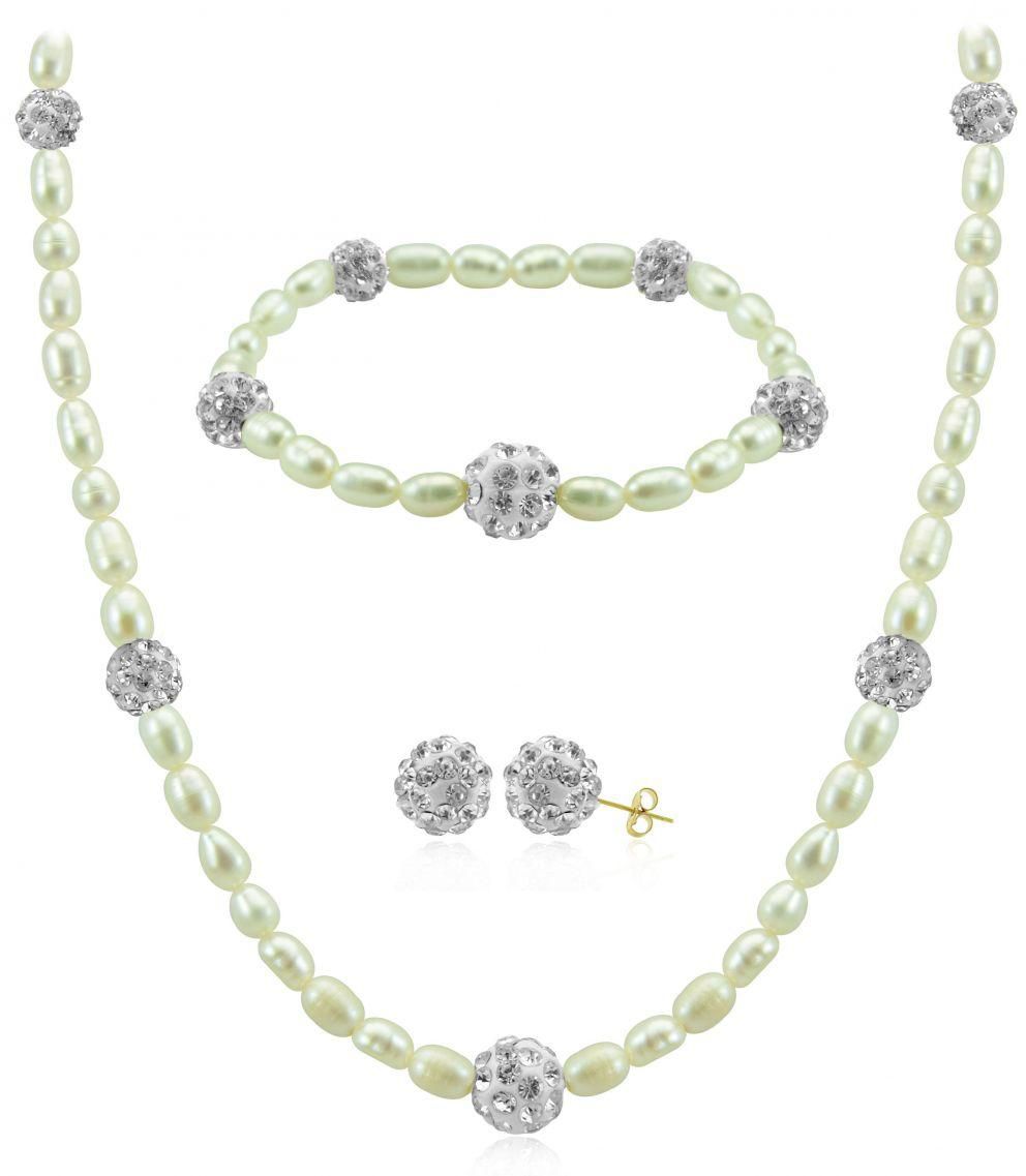 Vera Perla 10K Gradual Crystal Balls and Pearls Strand Jewelry Set - 3 Pieces