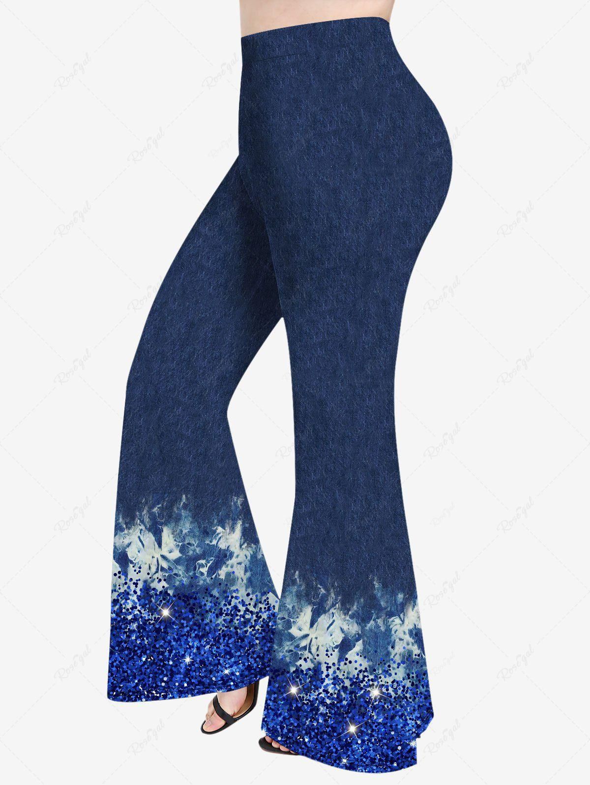 Plus Size Denim Tie Dye Sparkling Sequin Glitter 3D Print Flare Disco Pants - 6x