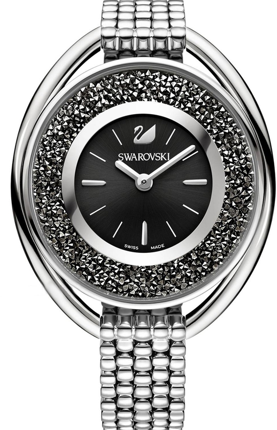 Swarovski Women's Crystalline Oval Black Dial Silver Stainless Steel Bracelet Watch