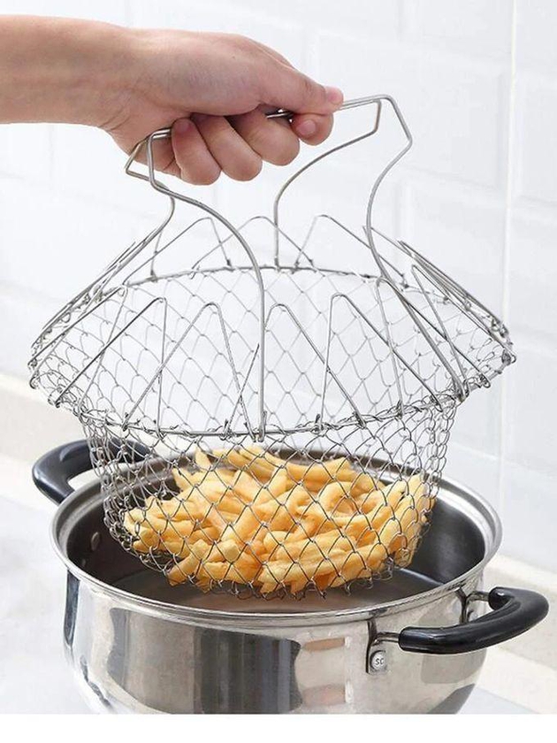 1 Kitchen Tool- Chef Basket Stainless Steel Foldable Steam Rinse Strain Fry Basket Strainer Net Kitchen Cooking Tool for Fried Food or Fruits