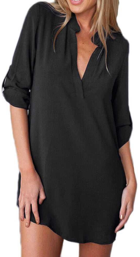 Women Chiffon Shirt Dress V Neck Pockets Roll up Long Sleeves Casual Blouse - 5 Sizes (Black)