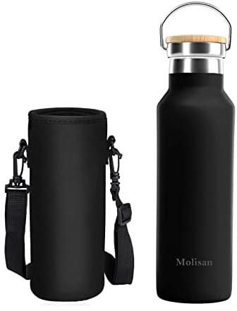 MOLISAN Stainless Steel Water Bottle, Double Walled Vacuum Flask with Pouch, BPA Free 12 Hours Hot&Cold Sport Drink Bottle for Gym, Home, Office, Outdoor, Work (600ML, Black)