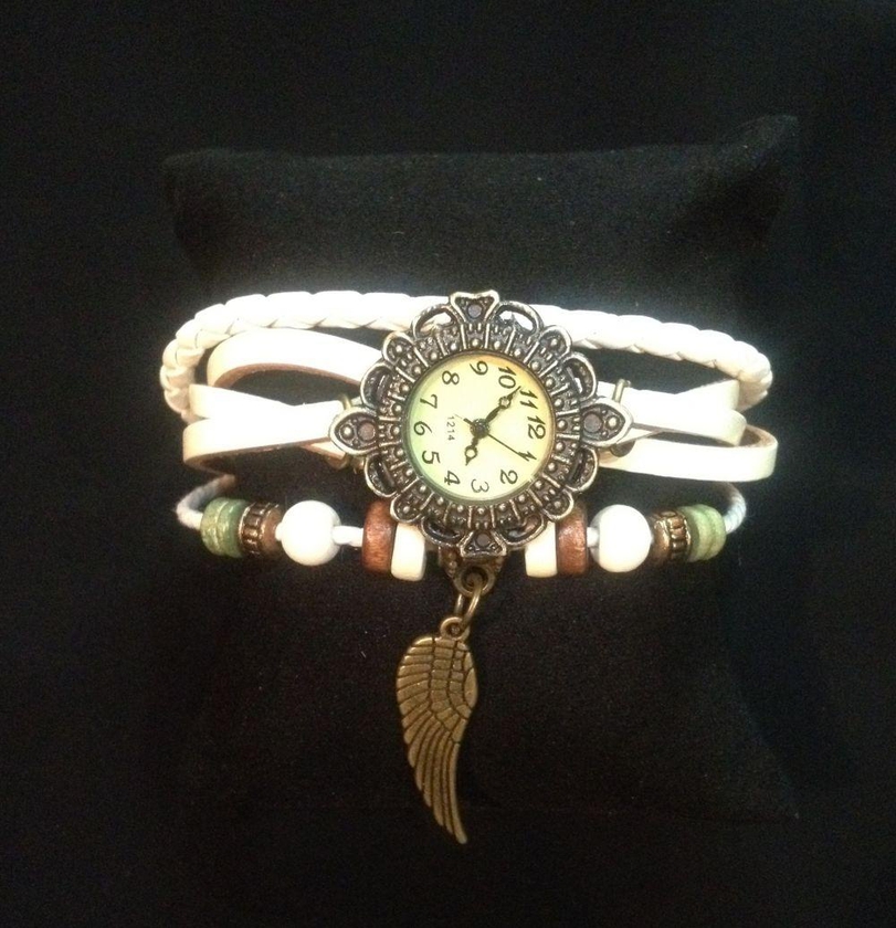 Fashion Retro Weave WRAP Around Leather Bracelet Lady Quartz Watch ‫(White)