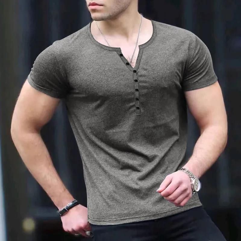 Summer New Europe And The United States Men'S Henley Shirt Solid Colour Button Men'S Short-Sleeved T-Shirt