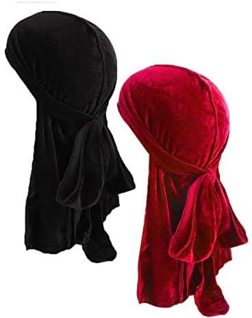 Men's 2 Velvet Durags with Long Tail (Black and Red)