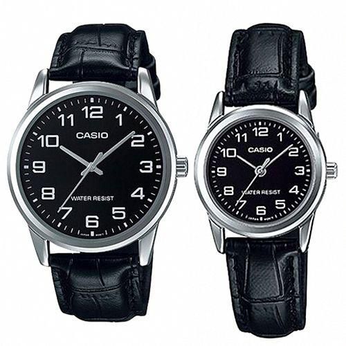 Casio His & Hers Black Dial Leather Band Couple Watch - MTP/LTP-V001L-1BUDF