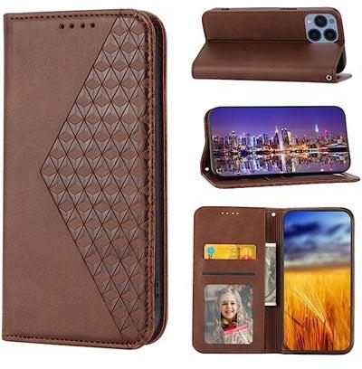 HuHa Case Cover Compatible For Sony Xperia 1 V 5G Cubic Grid Calf Texture Magnetic Leather Phone Case Brown
