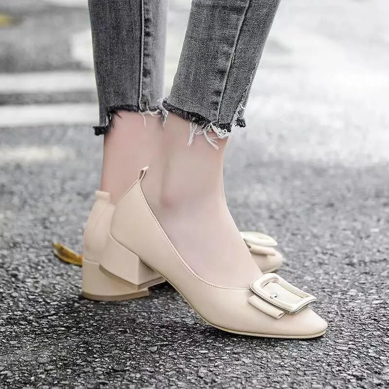 Womens Leather Mid Block Heel Pumps Chunky Block Closed Toe Court Shoes Office Work Casual Dress