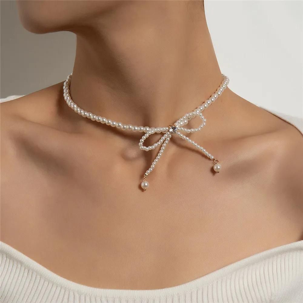 TS Boho Pearl Choker Necklace Gold Bow Pearl Chain Necklace Vintage White Pearl Beaded Necklace Wedding Pearl Crystal Bow Necklace Jewelry for Women and Girls