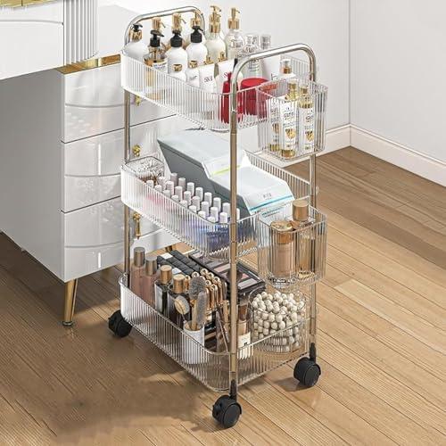 3 Tier Clear Rolling Utility Cart Organizer,Multipurpose Mobile Organizer Storage Shelves Trolley with Lockable Caster Wheels & 3 Hanging Baskets for Kitchen, Bedroom, Bathroom, Office, Laundry Room