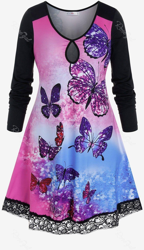 Plus Size Tie Dye Butterfly Print Lace Insert Keyhole T-shirt - L