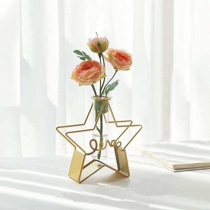 Glass Flower Vase With Metal Frame,Modern Creative Geometric Clear Vase For Flower ,Desktop Hydroponics Vase Plant For Home Office Decoration (Gold Star-Love)