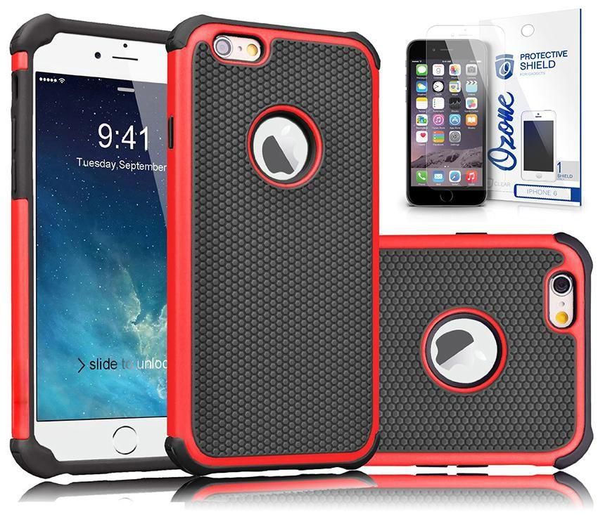 Ozone Football Grain PC Silicone Hybrid Case for Apple iPhone 6/ 6S with screen protector Red