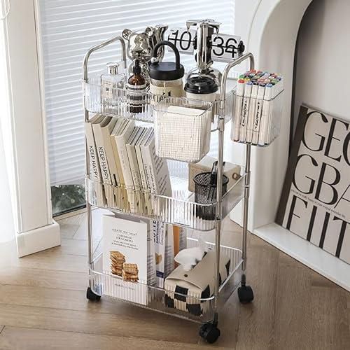 Paperbacks 3-Tier Utility Rolling Cart Storage Organizer with Wheels, Mobile Trolley Organizer with 3 Hanging Baskets and 2 Handles, Multi-Functional Storage Cart for Office,Living Room, Kitchen