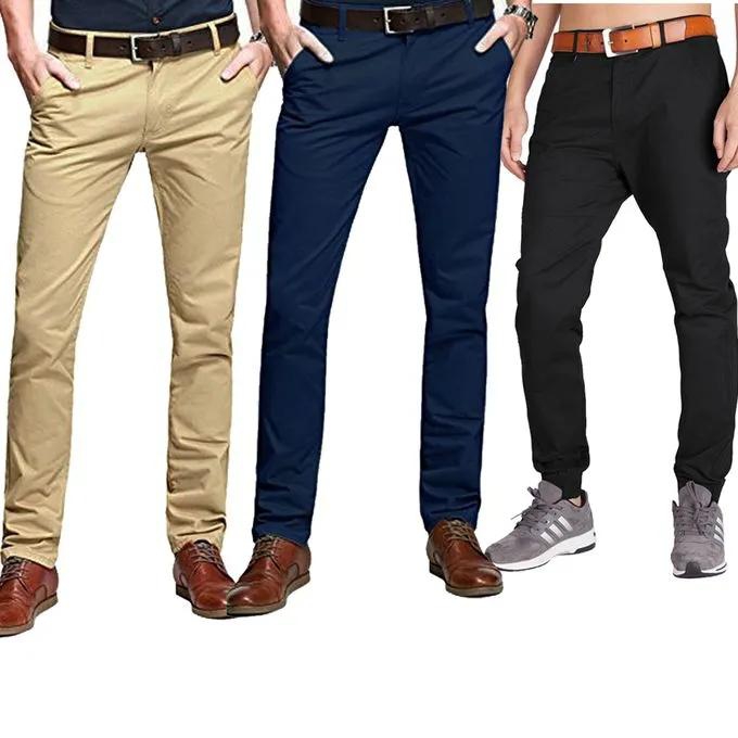 Fashion 3 Pcs Soft Khaki Men's Trouser Slim Fit- Black/Navy Blue/Beige+Free Socks