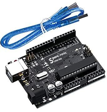 SPARETRONIC UNO R3 BOARD WITH USB CABLE ATMEGA328P, Supports USB 5V Input and 7V -12V DC, 5V Electric current: 500MA, 16Mhz Clock Speed, 8 Analog Inputs