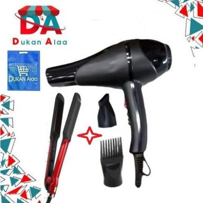Kemei Professional Hair Dryer - Black + Km-531 Professional Hair Straightener + Gift Bag From Dukan Alaa