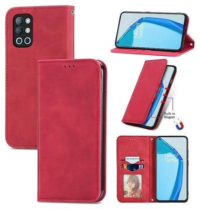 HuHa Case Cover Compatible For OnePlus 9R Retro Skin Feel Business Magnetic Horizontal Flip Leather Case with Holder & Card Slots & Wallet & Photo Frame Red
