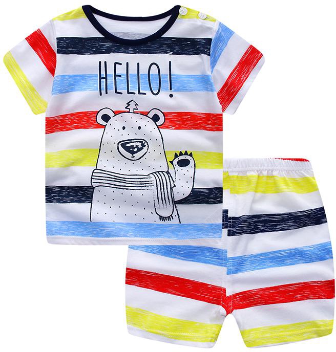 Baby 2Pcs Baby's Casual Outfits Short Sleeve Cartoon Bear Colorful Stripes T-Shirt Top And Shorts Set