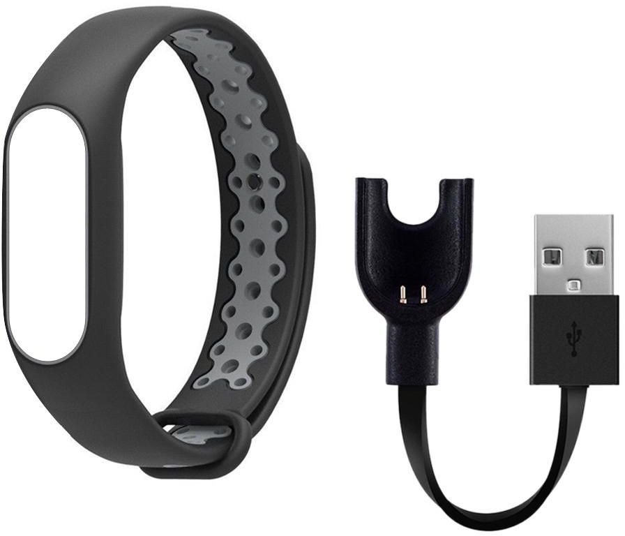 Margoun Nike Design Replacement Strap for Xiaomi Mi Band 3 / Mi 3 Band with USB Charger Cable ( Black/Gray )