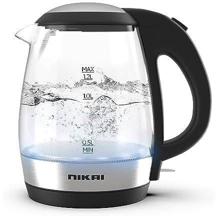 Nikai 1.8L, 2200W Compact, Cordless Electric Glass Kettle Boiler, Automatic Shut Off, Boil Dry Protection, LED Indicator, Integrated Filter, 360° Rotating Base, For Home & Office Use -NK303G/313G