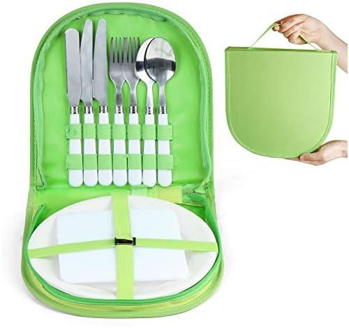 Vech Camping Silverware Kit Cutlery Organizer Utensil Picnic Set - 11 Piece Mess Kit For 2 - White Plate Spoon Butter and Serrated Knife Fork Hiking - Camp Kitchen BBQ Travel