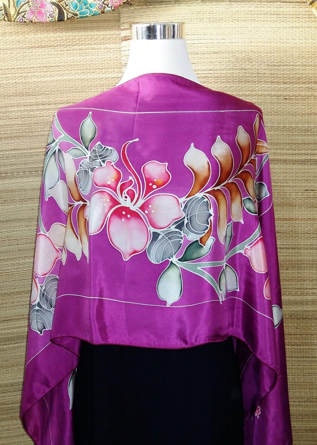 Batik Silk Shawl -100%Handmade - Hand Drawn- 100% Genuine Silk (Purple)