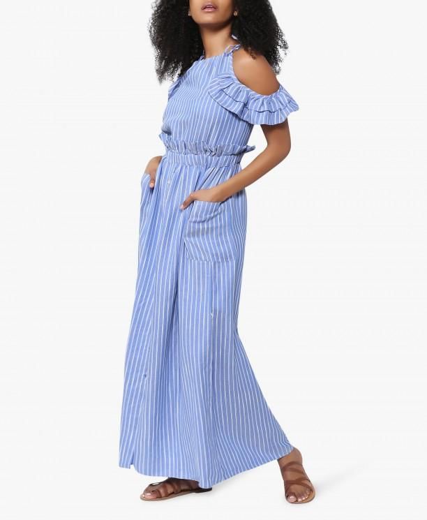 Blue Striped Cold Shoulder Maxi Dress