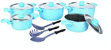 Grandi Cook Pop Granite Cooking Pot Set with Stainless Steel Lids and Cooking Utensils, 13 Pieces - Baby Blue