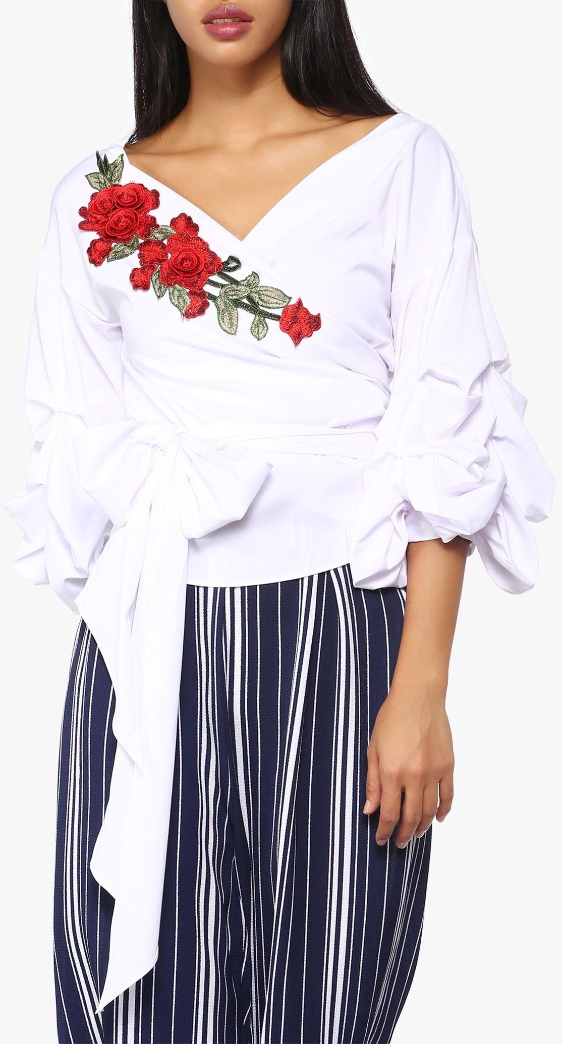 White Floral Embroidery Wrap Blouse