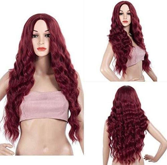 A Very Long Burgundy Red Synthetic Wig With A Parting In The Middle For Parties And Daily Use