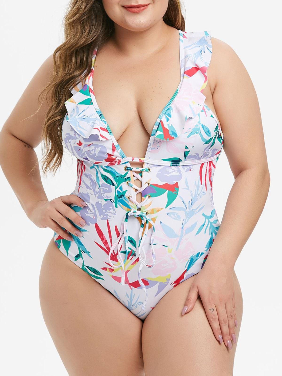 Plus Size Plunge Ruffle Cutout Lace Up Floral One-piece Swimsuit - 2x