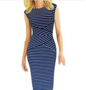 Fashion Bodycon Stripe Sleeveless Sheath Dress Pencil Dress blue m