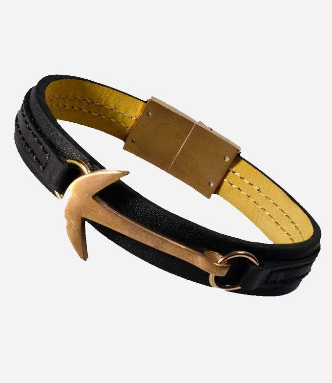 Hanso Genuine Leather Anchor Bracelet - Black & Gold Color