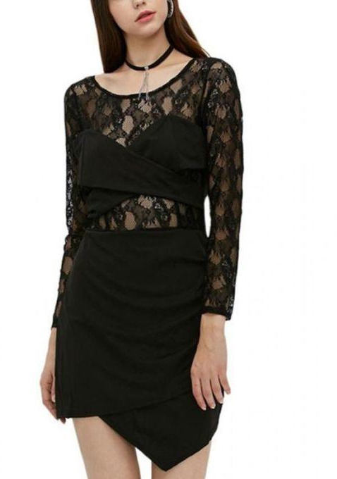 Zaful Hollow Lace Spliced Dress - Black
