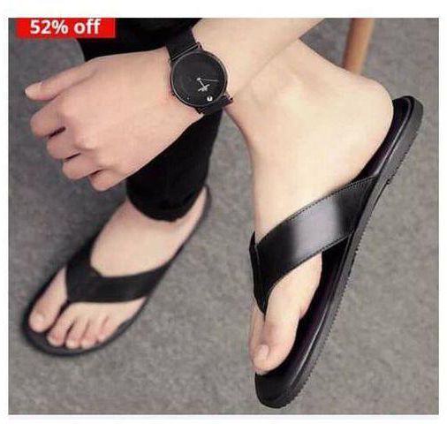 Men Pure Leather Quality Slippers-black