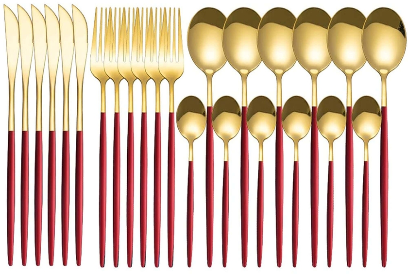 Get Stainless steel cutlery set, 30 pieces - Red Gold with best offers | Raneen.com