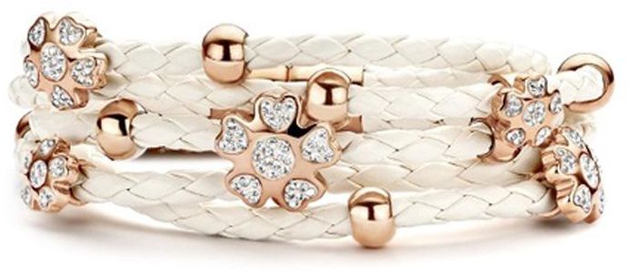 New Bling Women's Zirconia Stones Hearts Rose Gold Flowers White Leather Bracelet