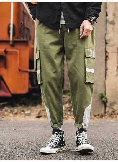 Drawstring Waist Multi Pockets Street Style Cargo Pants Green/White