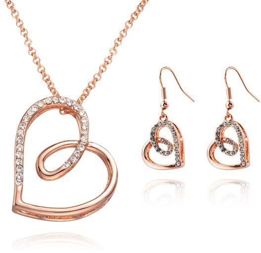 18K Rose Gold women jewelry sets.heart pendant necklaces /earrings