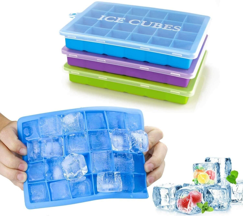 Doreen Ice Cube Trays 3 Pack, Top1Shop Silicone Ice Tray with Removable Lid Easy-Release Flexible Ice Cube Molds 24 Cubes per Tray for Cocktail, Whiskey, Baby Food, Chocolate, BPA Free(Random Colours)