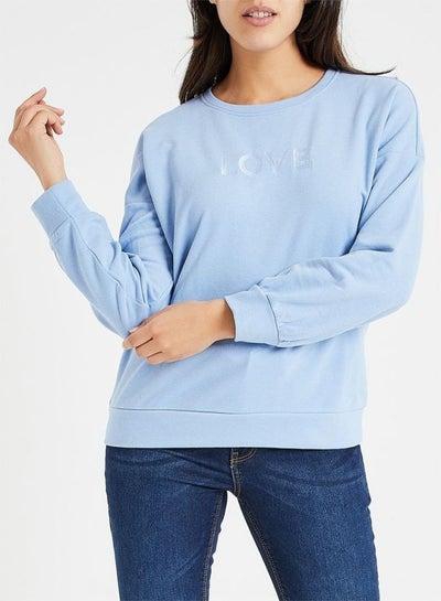 Text Embroidered Round Neck Sweatshirt Blue