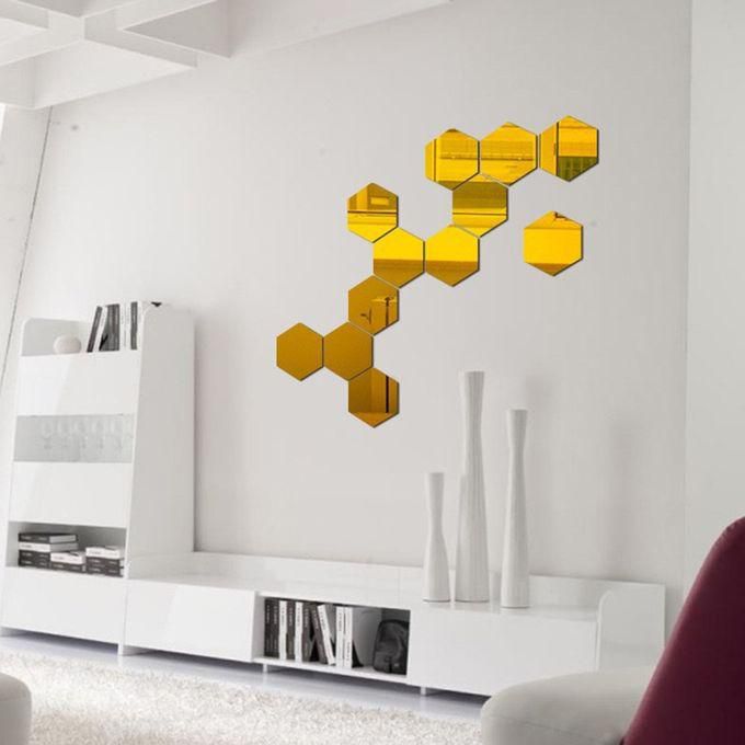 12pcs 3d Mirror Hexagon Removable Wall Sticker Decor Gold