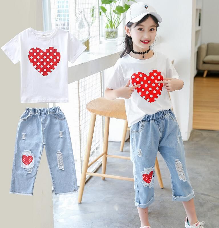Koolkidzstore Girls Suit Ripped Jeans Hearts Printed Tee - 6 Sizes (White)