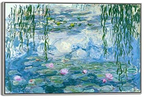Wieco Art Extra Large Silver Framed Canvas Print Water Lilies by Claude Monet Paintings Reproduction Modern Canvas Wall Art for Home and Office Decoration Abstract Artwork