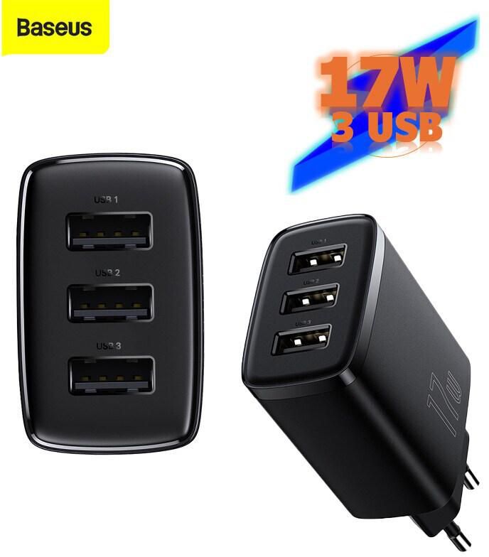 Baseus USB-A Wall Charger, USB Charger Adapter 3-Port 17W for iPhone 14/13/12/11/Pro/Pro Max/Mini, iPad Pro,iPhone 15/Pro/Max/Note series Samsung/LG/Huawei/Lenovo/Nokia/Vivo/Sony/Pixel, EU Plug Black