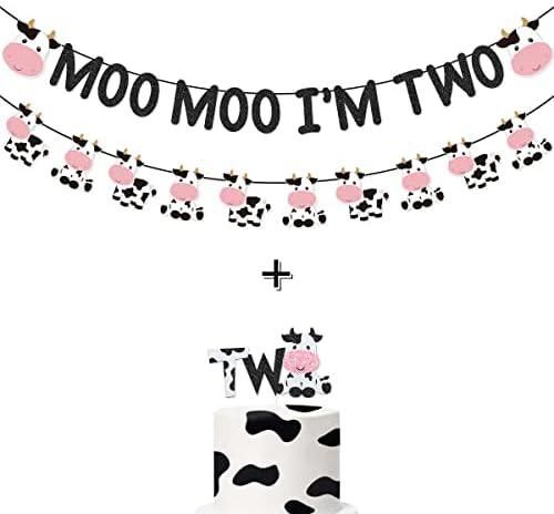 لافتة Moo Moo I'm Two Banner 2 Cake Top for Cow Second Birthday Party Farm Animals لتزيين حفلة عيد ميلاد سنتين