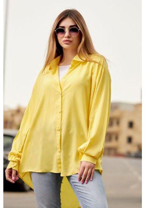 قميص قطني للسيدات بأزرار بأكمام طويلة - بلوزة بياقة- أصفر